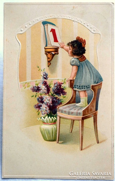 Antique embossed New Year greeting card - little girl standing on a chair, Jan. 1. 1913/14