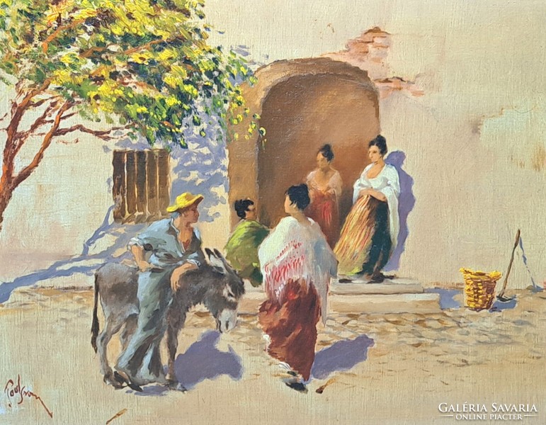 Spanish scene (oil painting in a nice frame) life picture, Mediterranean atmosphere