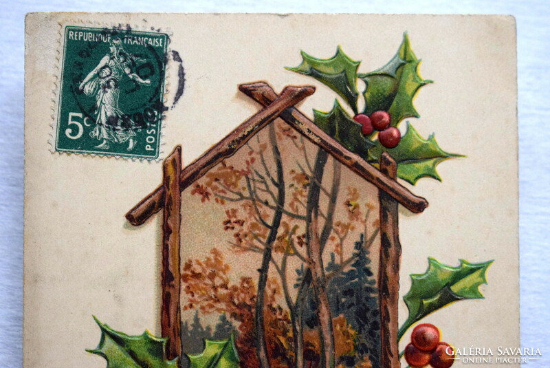 Antik dombornyomott Újévi üdvözlő képeslap - magyal, madáretetőben téli táj  1907ből