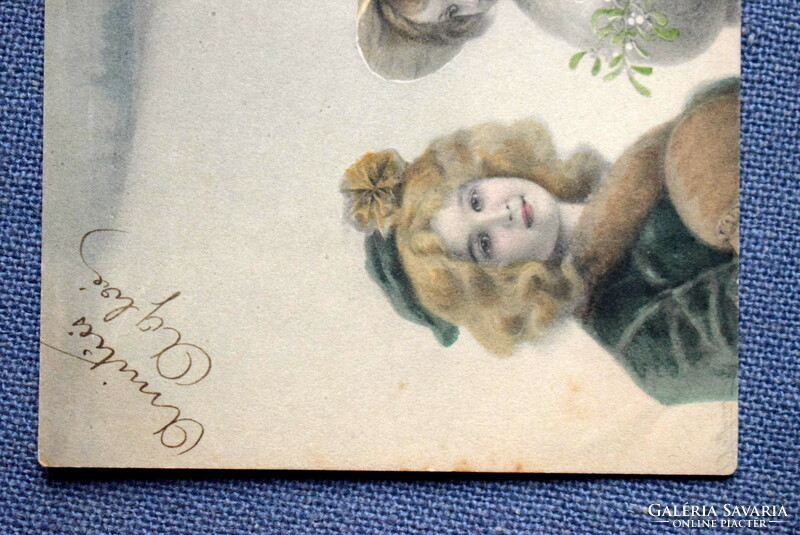 Antik MM Vienne színezett grafikus Karácsonyi üdvözlő képeslap -kisleányok ,téli táj , fenyőfa