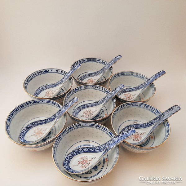 Chinese rice grain bowls with spoons, 7 pieces in one