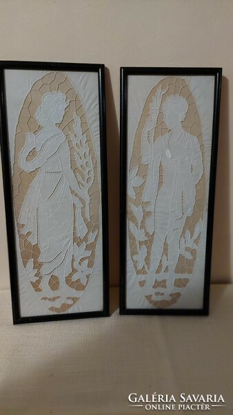 Pair of wall pictures, madeira lace picture