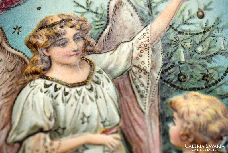 Antik dombornyomott Karácsonyi üdvözlő képeslap -Karácsonyfát díszítő angyal, kisleány