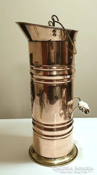 Copper umbrella stand, with embossed water branch motif and porcelain tongs