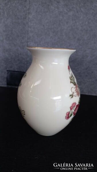 Zsolnay pattern numbered butter-colored, hand-painted flowers, gilded porcelain vase,