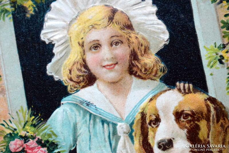 Antik dombornyomott üdvözlő képeslap - kisleány kutyával  1906ból