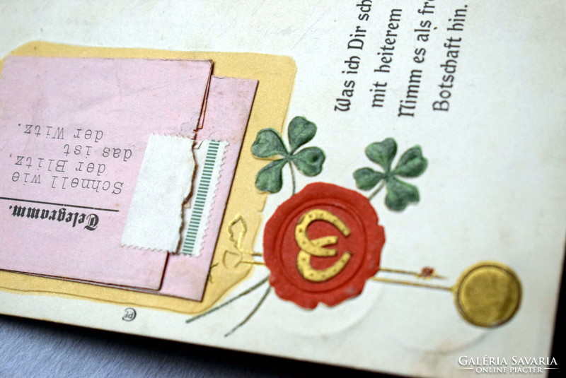 Antik dombornyomott különleges képeslap - pecsét , szerencsepatkó , 4levelű lóhere, Telegramm