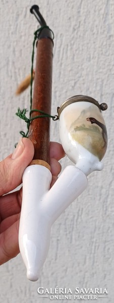 Antique tajték pipe, porcelain pipe. Pipe with stem, beautiful picture. Video !!!