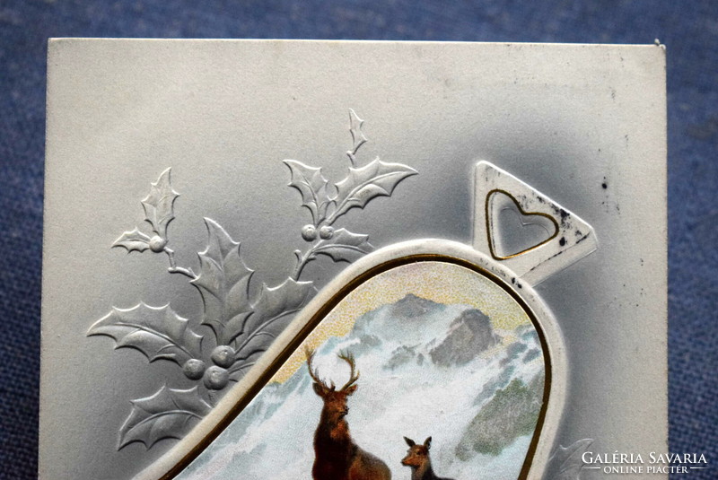 Antique embossed Christmas litho postcard - deer / deer winter landscape, in bell