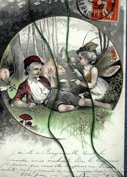 Antik üdvözlő litho képeslap - kis kanász fiú, tündér leányka, malacok, gomba  1907ből