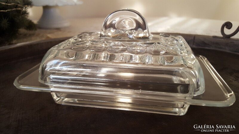 Old thick glass butter dish