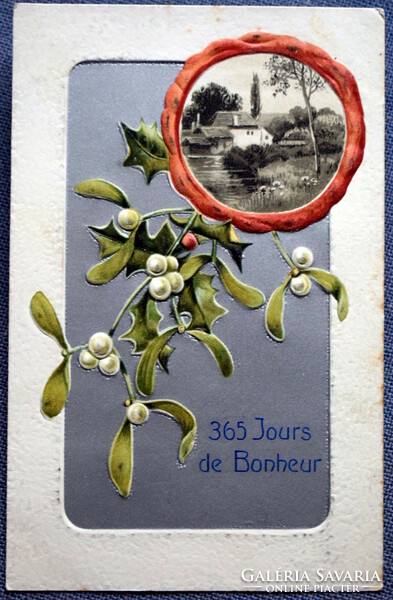 Antique embossed New Year's greeting card with silver background - landscape in seal, mistletoe