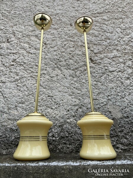 A pair of refurbished art deco pendant lamps copper & champagne
