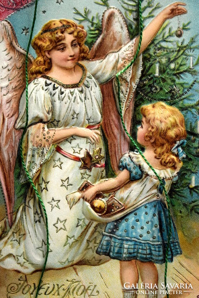 Antique embossed Christmas greeting card - angel decorating a Christmas tree, little girl