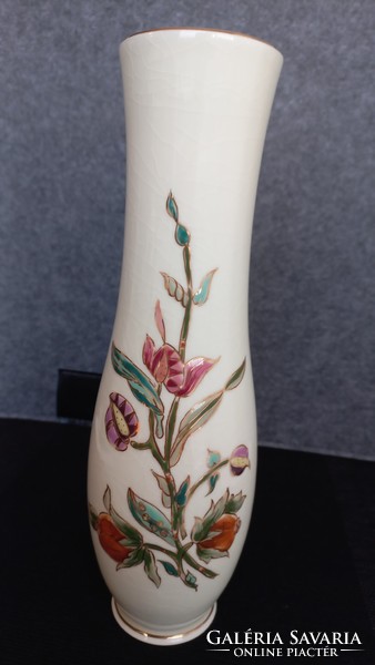 Zsolnay signed pale cream, stocking glaze porcelain vase, hand painted orchid gilt