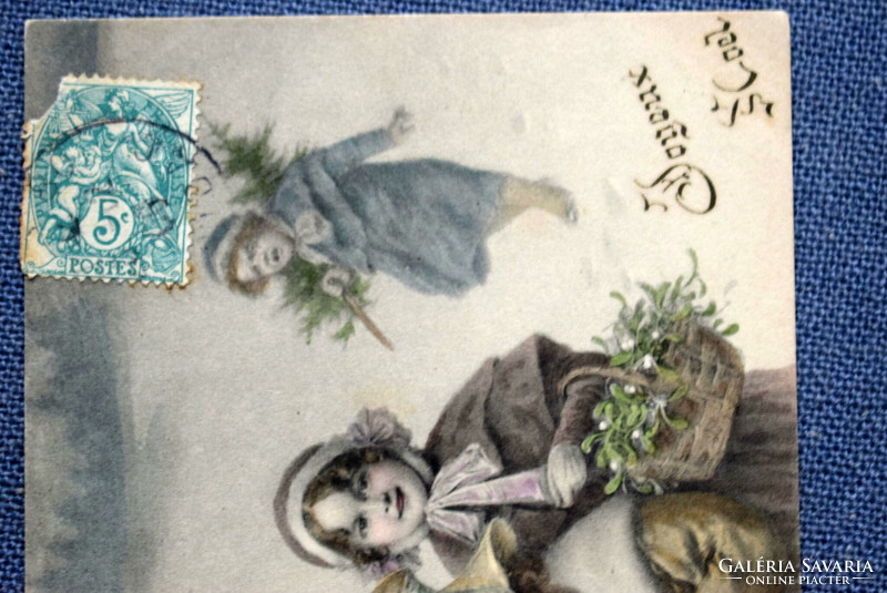 Antik MM Vienne színezett grafikus Karácsonyi üdvözlő képeslap -kisleányok ,téli táj , fenyőfa