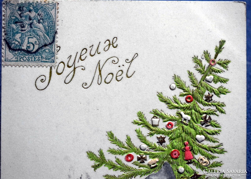 Antik dombornyomott Karácsonyi üdvözlő képeslap -Mikulás puttony , játék ,Karácsonyfa, törpék 1904
