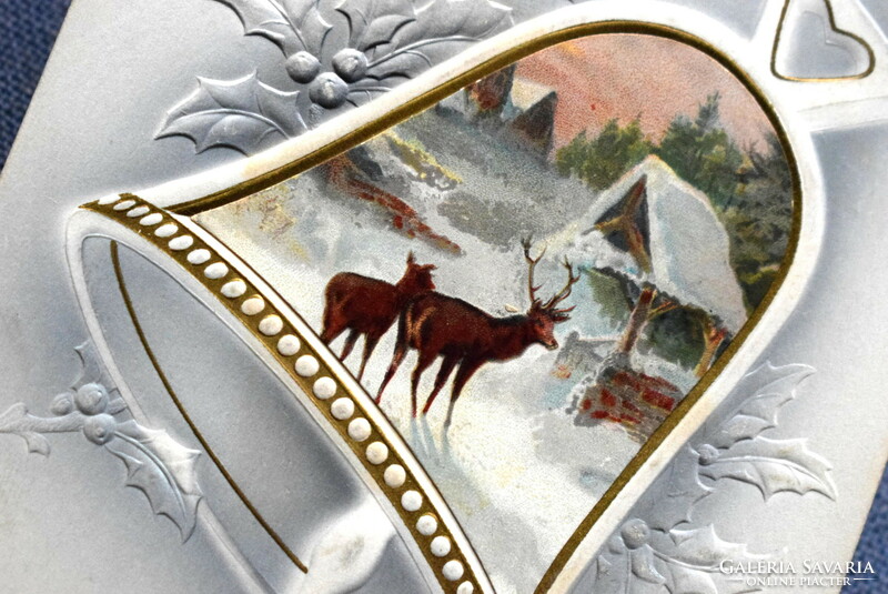 Antique embossed Christmas litho postcard - deer / deer winter landscape, in bell