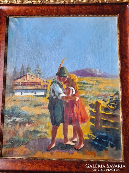 Kisfiú és kislány, festmény, 67 x 55 cm