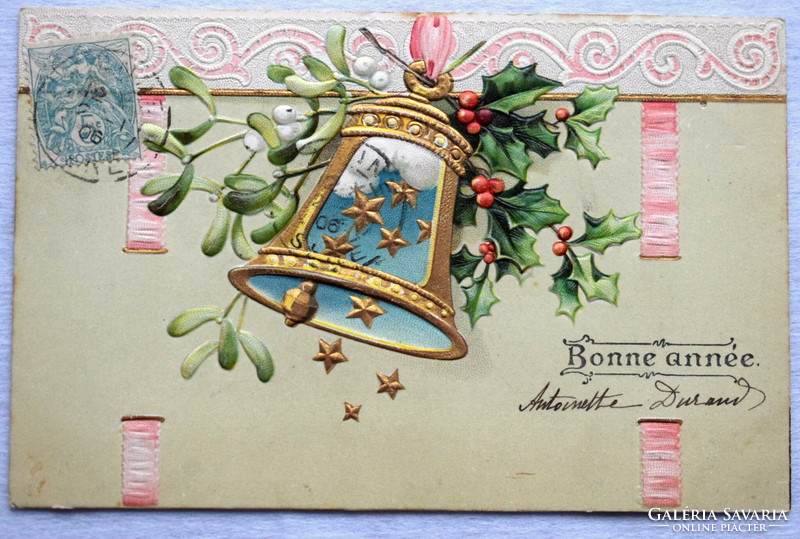 Antique embossed New Year greeting card - golden bell, holly, mistletoe from 1906