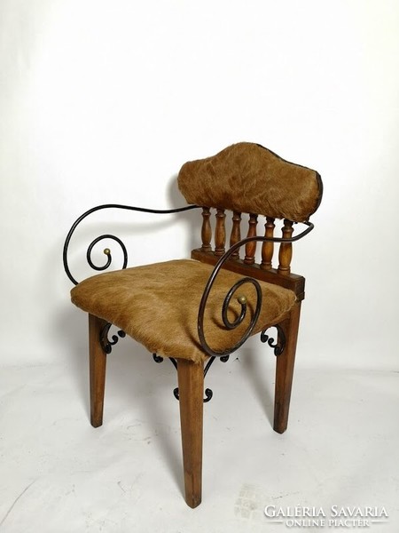 3 pcs vintage western design wrought iron armchair with cowhide upholstery 1970s - 04029