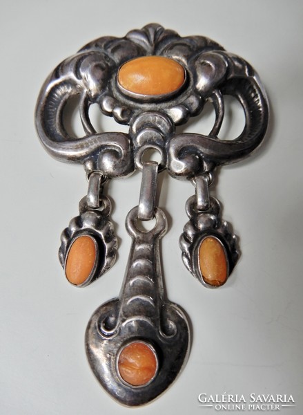 Antique Danish c.Mortensen art nouveau large silver brooch with amber stones