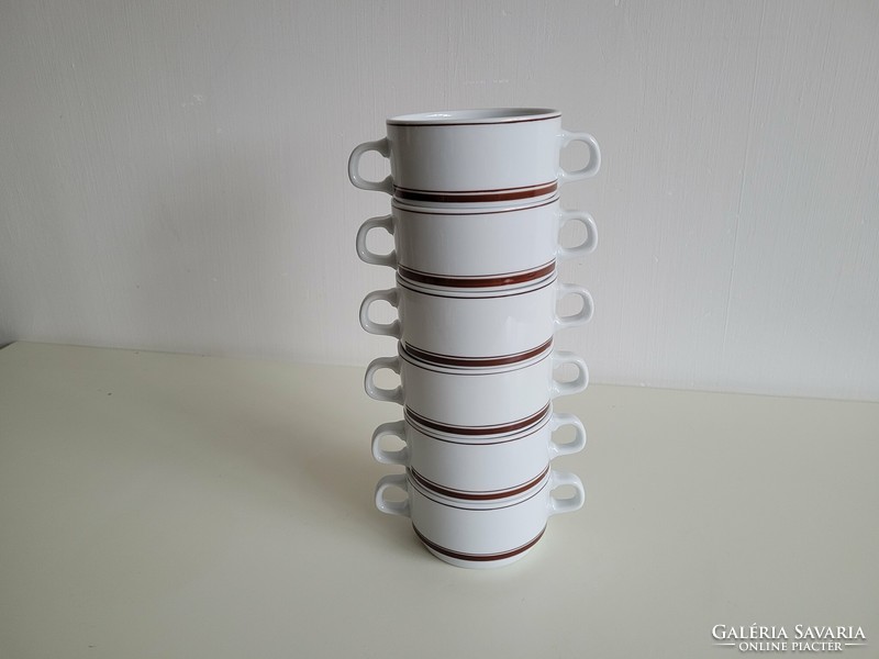 Old lowland porcelain brown striped soup cup retro two-handled bowl 6 pcs