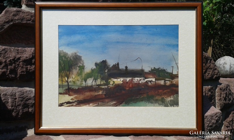 Adolf Weinträger: farm world, watercolor, landscape, painting. Modern photo frame.