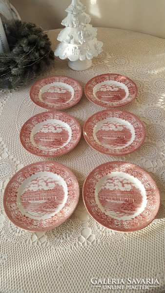 English faience castle scene, pink cake plate 6 pcs.