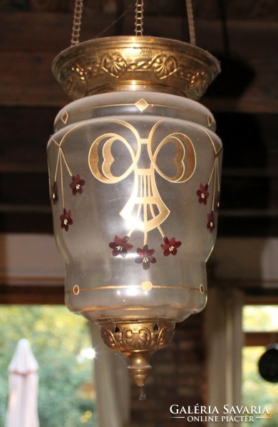 Art Nouveau pendant lamp, molded, acid-etched, with hand-painted shade, 40 cm.