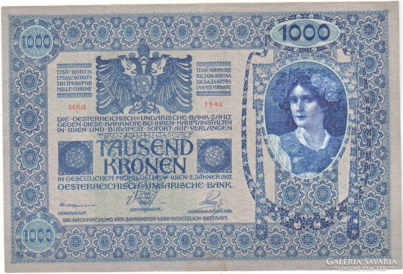 Ausztria 1000 Osztrák-Magyar korona 1902/1912     Vertical overprint