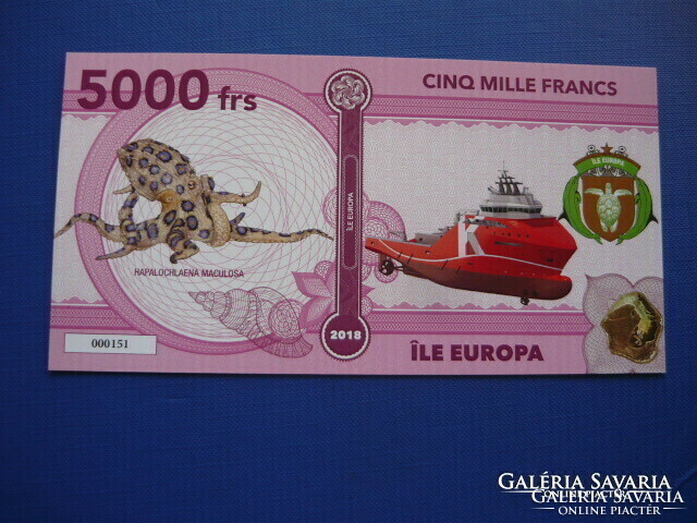 Ile europa 5000 francs / cinq mille francs 2018 octopus boat fish! Rare fantasy paper money! Unc!