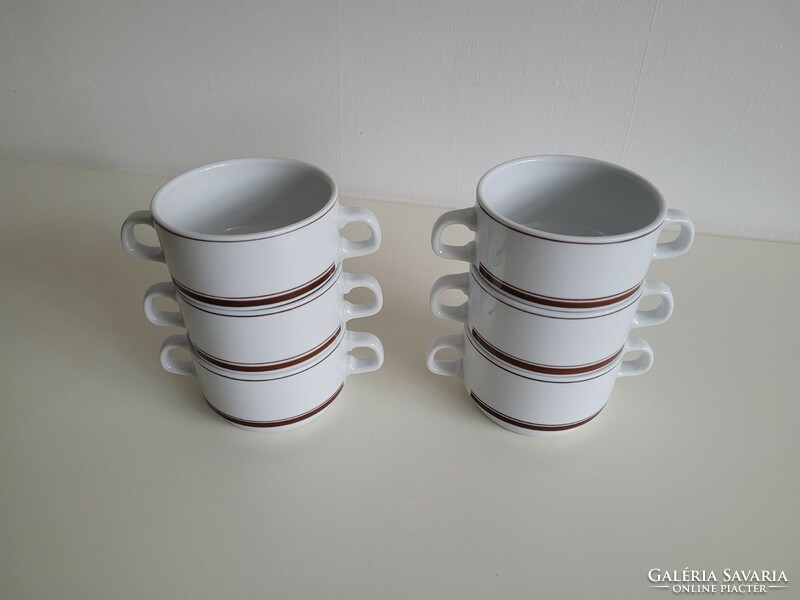 Old lowland porcelain brown striped soup cup retro two-handled bowl 6 pcs