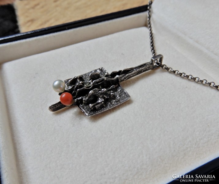 Old relo modernist silver necklace with coral and real pearl