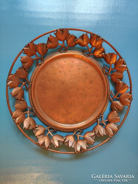 Red copper plate bowl basket with tulip flower motif