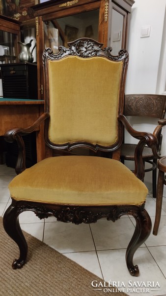 Gyönyörű, kb. 200 éves, faragott, restaurált karfás bécsi barokk íróasztal szék / trón / fotel