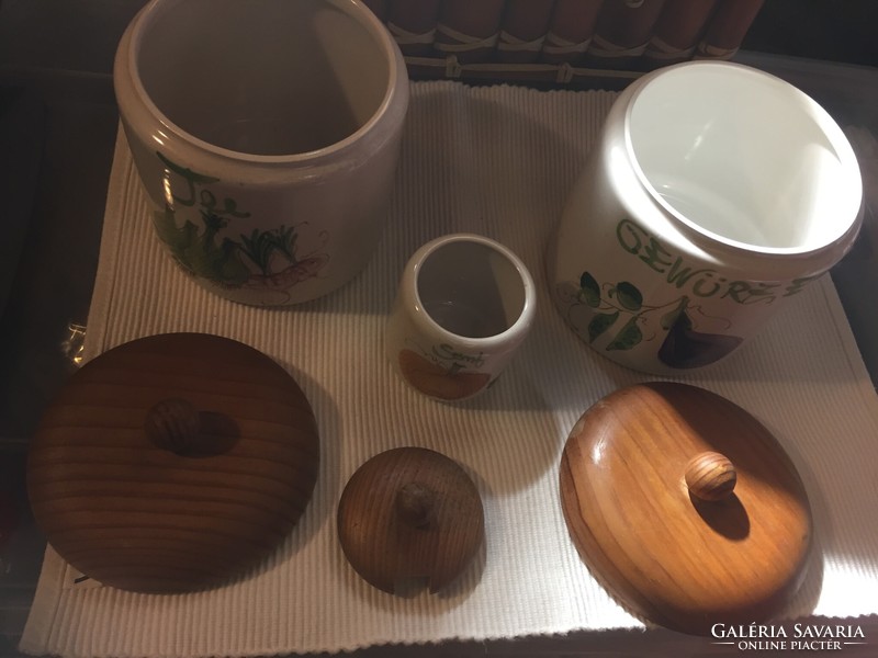 3 wooden-lidded ceramic spice racks, hand-painted, German or Austrian (69)