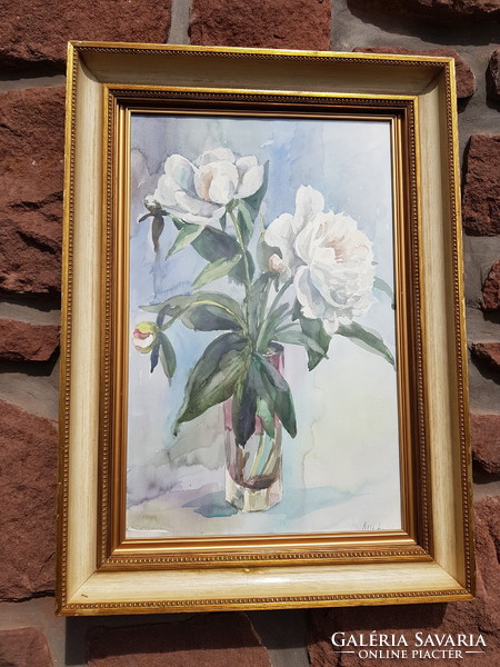 Léna Kiss: peony watercolor 34.5 x 51 cm, painting, still life, colorful picture frame.