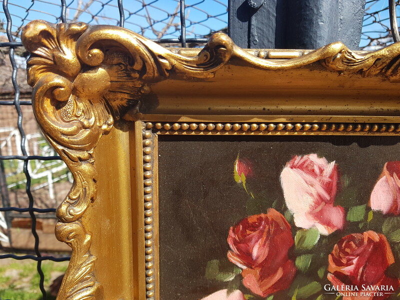 Murin Vilmos jelzéssel: Nívósan restaurált olaj, vászon 31 x 40,5 cm, festmény, rózsa csendélet