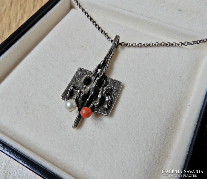 Old relo modernist silver necklace with coral and real pearl