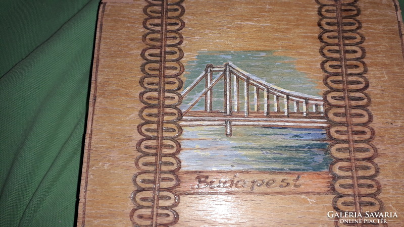 Antique wooden painted burnt table decoration box Budapest - chain bridge 17 x 15 x 5 cm according to the pictures