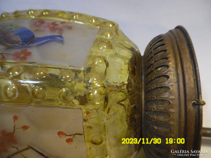 Szecessziós egy égős függőlámpa, formába öntött méhsejt.mintás, savazott, kézzel festett üveg 28 cm
