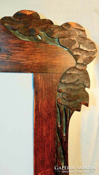 Szecessziós, eredeti, különleges formájú faragott  tükörpár, metszett tükörlappal, 65 x 37 cm
