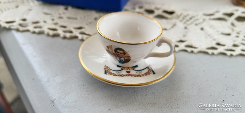 English Caverswall miniature cup with coaster, portrait of Diana and Charles