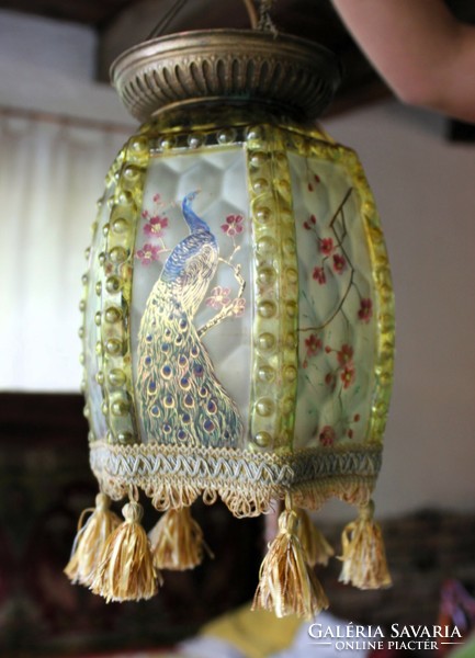 Art Nouveau one-burner pendant lamp, molded honeycomb. Patterned, acid-etched, hand-painted glass 28 cm