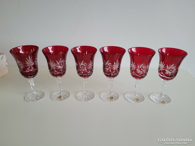 Old crystal wine stemmed glass set burgundy lead crystal retro ruby goblet 6 pcs