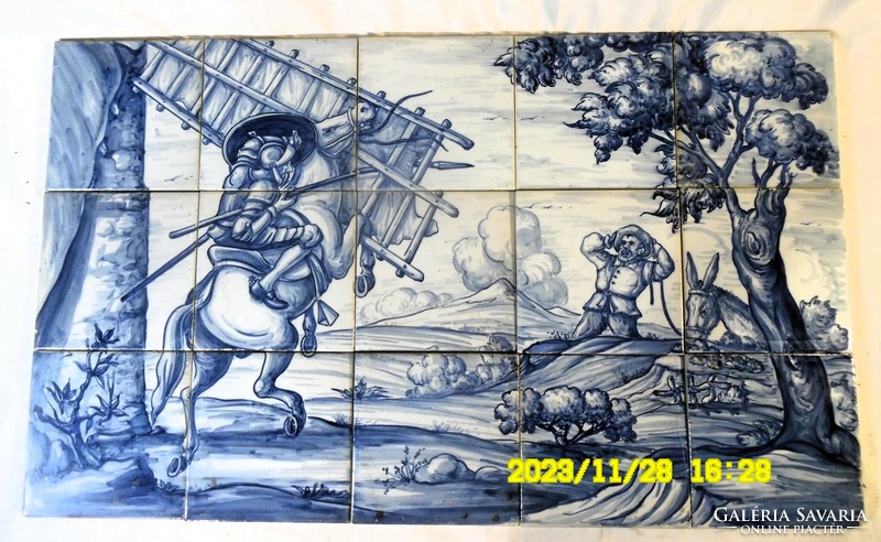 Don Quijote harca a szélmalommal,  azulejo, kézzel festett csempekép 75 x 45 cm