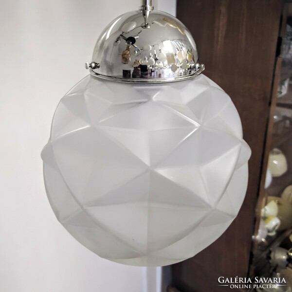 Refurbished art deco nickel-plated ceiling lamp - specially shaped acid-etched glass shade