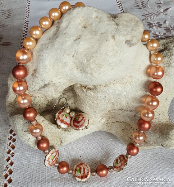 Pearl fire enamel necklace earring set jewelry handicraft