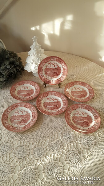 English faience castle scene, pink cake plate 6 pcs.